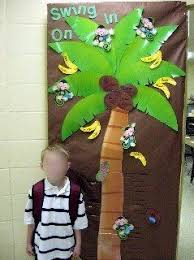 Swing On In Palm Tree Door Decoration Idea Jungle Theme Classroom Classroom Decorations Bulletin Board Tree