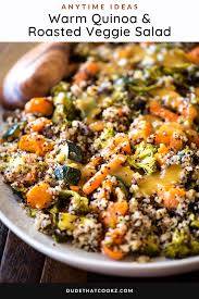 Warm Quinoa Roasted Veggie Salad With Homemade Vinaigrette Recipe In 2020 Roasted Veggie Salad Veggie Salad Roasted Vegetable Salad