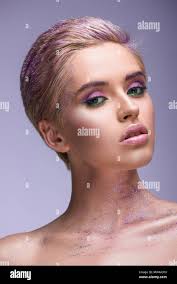 attractive woman with violet glitter