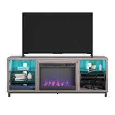 Stand combines sturdy metal parts with white laminated particleboard, hollow core and mdf with tempered glass to make a sleek and modern. Ameriwood Home Lumina Deluxe Fireplace Tv Stand For Tvs Up To 70 Light Walnut Walmart Com Walmart Com