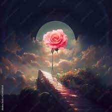 Ilustração do Stock: Fantasy rose in the background of the landscape.  Fairytale mountain landscape with flowers. Beautiful pink rose, flowers.  Fantasy flower garden, magic. 3D illustration. | Adobe Stock