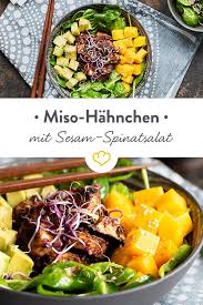 Miso Hahnchen Mit Sesam Spinat Salat Und Mango Rezept Spinat Lebensmittel Essen Spinat Salat