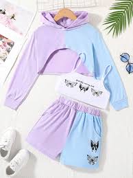 Girls Two Tone Cami Top & Butterfly Print Hoodie & Shorts