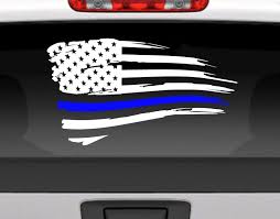 Tomall 23.6'' american flag distressed decal for auto hood usa flag stripe graphic vinyl waterproof universal for all car suv truck hood window door sides windshield decoration (black). Distressed American Flag With Blue Line For Police Support Vinyl Decal