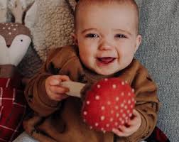 Handmade Linen Toadstool Rattle: Embroidered Baby Sensory Toy