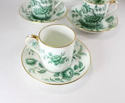 4 Foley Peony Green Demitasse Pair Cup Saucer England 66255 Bone China