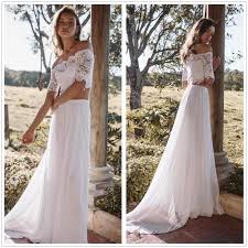 Off Shoulder 2 Pieces Beach Wedding Dress Lace Chiffon Half Sleeve Bride Gowns Lace Beach Wedding Dress Beach Wedding Gown Beach Wedding Dress