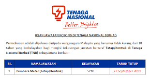 Cari jawatan kosong pemandu kerajaan,jawatan kosong kerajaan johor, jawatan kosong kerajaan negeri sabah jawatan kosong kerani jpj, kerja kosong di batu 4 sandakan, kerja kilang, jawatan kosong perpustakaan keningau, jawatan kosong dg41 2018. Jawatan Kosong Tenaga Nasional Berhad Tnb Pembaca Meter Jawatan Kosong Kerajaan Swasta Terkini Malaysia 2021 2022