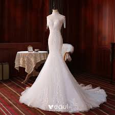 Vintage kleider hochzeit | brautkleid mit federn für sie zur hochzeit gehen. Vintage Champagner Hochzeits Brautkleider Hochzeitskleider 2020 Meerjungfrau Durchsichtige Stehkragen Armellos Ruckenfreies Applikationen Spitze Perlenstickerei Perle Glanz