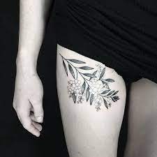 Wattle Branch As A First Tattoo For Kate Russell Winter At Hidden Moon Thigh Tattoos Women Upper Thigh Tattoos Tattoos
