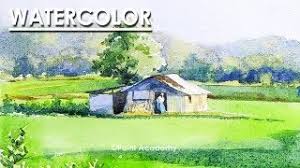 Watercolor Landscape Mountains Trees Houses Field Paintingtube