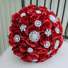 Red Brooch Wedding Bouquet Rosie Silk Flowers