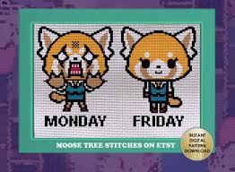 Aggretsuko Kawaii Rage Monday Through Friday Digital Cross Etsy Cross Stitch Patterns Kawaii Cross Stitch Cross Stitch Art