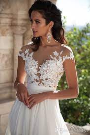 Discount 2016 Sheer Lace Beach Wedding Dresses Cap Sleeve Illusion Scoop Neckline Bridal Gowns Chapel Train Chiffon Wedding Gowns Thigh High Slits Pictures Of W Wedding Dress Cap Sleeves Lace Beach