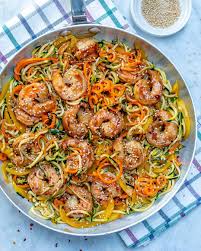 Spicy noodles with pork, scallions & bok choy 4 these spicy noodles are inspired by a chinese dish called ants climbing a tree, named for the way the small pieces of ground pork (the ants) cling to the noodles (the tree). Asian Shrimp Zucchini Noodles Recipe Healthy Fitness Meals
