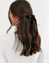 Black velour scrunchie bow detailing 💖 soft hair bobble elastic new scrunchy. Asos Design Bow Hair Clip With Pearls In Black Velvet Asos