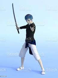 Young Manga Boy With Katana Sword Ready To Fight Stock Photo - Download  Image Now - Samurai, Blade, Blue - Istock