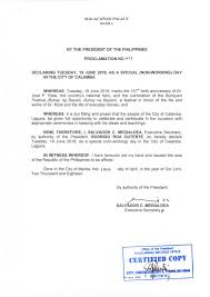 It is celebrated on june 19 (the name is a combination of the words june and nineteenth. Philippine Holidays Special Non Working Day In Calamba City Laguna On June 19 2018 Proclamation No 471 S 2018