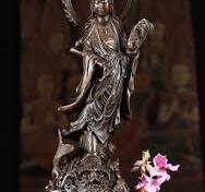 Bronze Kwan Yin Standing on Fish in Roiling Ocean Holding Willow Branch &  Vase Statue 18"