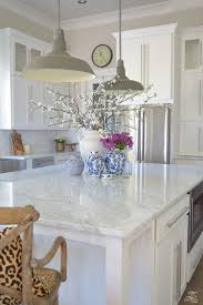 Kitchen Island Styling Ideas With Collection Of Vases White Carrara Marble Farmhouse Pendants Chinose Kitchen Counter Decor Kitchen Marble Kitchen Island Decor