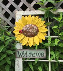 Large Sunflower Welcome Sign Yellow Metal Yard Art Outdoor Fence Art Front Door Decor Housewarming Mo Fence Art Sunflower Welcome Sign Metal Yard Art