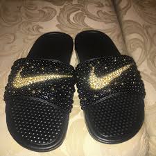 Black And Gold Nike Slides Black And Gold Inspired Bedazzle Nike Slides Available Now And For Only 45 00 That Is Correct 45 00 Including Slides Women Siz Nike Slides Custom Shoes Shoes