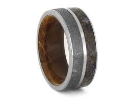 Men S Meteorite Wedding Band With Whiskey Barrel Wood Sleeve And Dinosaur Bone Dinosaur Bone Wedding Ring Meteorite Wedding Band Meteorite Ring