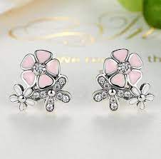 Silver Studded Pink Cherry Blossom Flower Bloom Earrings Raw Crystal Stud Earrings Silver Studs Crystal Earrings