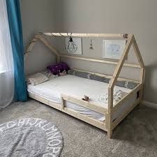 Montessori Bed Twin Bed Plan Toddler Bed House Bed Frame Diy Wooden Floor Bed For Kids Bedroom In 2020 Toddler House Bed Toddler Floor Bed House Frame Bed