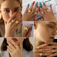 U7 Superficie esagonale 3D in rilievo AZ Lettera iniziale Anelli per uomo  Donna Misura regolabile AZ 14k Colore oro Famiglia Sigillo Gioielli