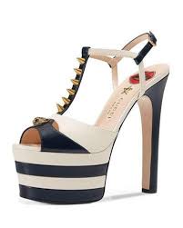 Black And White Striped Platform Heels Gucci Angel Striped Platform T Strap Pump White Gucci Shoes Pumps Leather Platform Sandals Heels T Strap Sandals