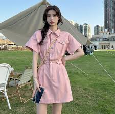 ORDER TAOBAO] Váy denim ngắn tay ngọt ngào mùa hè 2022. Váy ngắn chữ A thắt