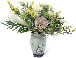 Floral centerpieces for dining table. Amazon Com Wakisaki Faux Flowers In Ceramic Vase Artificial Flower Arrangement Decoration For Home Kitchen Living Dinning Room Coffee Table Centerpieces Farmhouse Deco Green Kitchen Dining