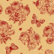 Red wallpaper shop 400+ red wallpaper patterns. Seamless Vector Floral Vintage Pattern With Victorian Bouquet Of Dark Red Roses And Claret Butterflies On A Beige Background Royalty Free Cliparts Vectors And Stock Illustration Image 26159205