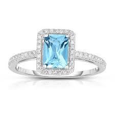 Emerald Cut Aquamarine And 1 5 Ct T W Diamond Frame Ring In 14k White Gold Size 7