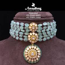 Simple Yet Beautiful Emerald Polki Choker Amarsons Jewellery For More Info Whatsapp On Bridal Jewelry Collection Beaded Necklace Diy Beaded Jewelry Designs