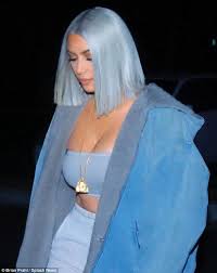 The blue appears to have been short lived, but it was fun while it lasted. Blue Christmas Kim Kardashian Matches Her Hair To Her Clothes Short Blue Hair Light Blue Hair Pastel Blue Hair