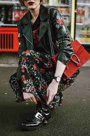 Floral dress and leather jacket outfits. How To Mix Floral Prints Biker Jacket And Midi Dress Couturezilla Flower Dresses Outfit Floral Dress Summer Leather Jacket Outfits
