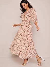 Plisse Ruffle Trim Wrap Belted Floral Print Dress Shein Usa In 2020 Dresses Print Dress Beautiful Floral Dresses
