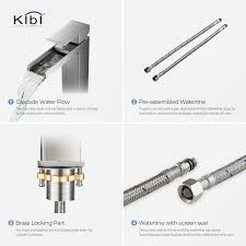 Features waterfall faucet with brushed nickel finish and clear glass; Kibi Waterfall Brass Single Handle Bathroom Vessel Sink Faucet Kbf1005 Kibi Usa