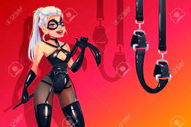 Dominatrix Woman In Bdsm Latex Costume With Fetish Accessories Whip And  Bounding Belts. Dominant Blonde Sexy Vamp Mistress Girl In Leather Corset,  Gloves Collar And Mask. Cartoon Vector Illustration Клипарты, SVG, векторы,