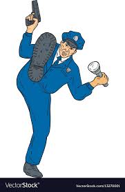 Policeman Gun Flashlight Torch Kicking Drawing Vector Image