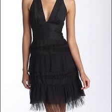 Bcbg Max Azria Black Lace Tiered Feather Chiffon Chiffon Halter Dress Womens Dresses Fashion