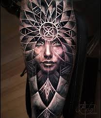 Best Black And Grey Tattoo Designs Geometric Shapes Merged With Portrait Tattoo Designs Men Best Sleeve Tattoos Best Tattoo Designs
