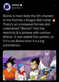 Bulma is most likely the 4th charater of the Fortnite x Dragon Ball collab.  Via: (@HYPEX) : rFortniteLeaks