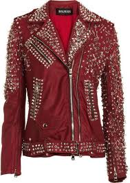 Maroon Genuine Real Leather Jacket Full Golden Studded Hand Made Brando Style Red Leather Jackets Women Red Leather Jacket Leather Jackets Women