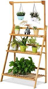 Greensen Plant Stand Bamboo Shelf Ladder Plant Flower Stand 3 Tiers Garden Flower Shelf Plantes Suspendues Support Pour Plante Plantes D Interieur Suspendues