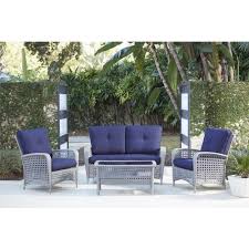 Cosco Lakewood Ranch 4 Piece Gray Resin Wicker Patio Conversation Set With Coffee Table And Navy Blue Cushion 88590gblte The Home Depot Conversation Set Patio Patio Furniture Conversation Sets Patio Furniture Sets