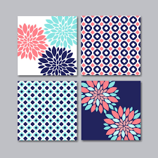 Coral Teal Navy Floral Wall Artcoral Floral Wall Artnavy Etsy In 2021 Coral Bathroom Decor Floral Wall Art Coral Bathroom