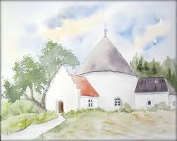 Rundkirche In Danemark Aquarell 24 X 30 Cm Original Landschaft Aquarell Aquarell Malen Wasserfarben Landschaften